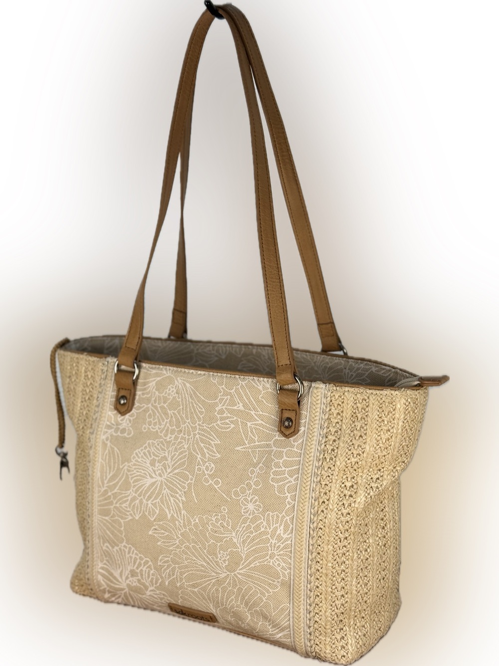 Sakroots Meadow Medium Tote Natural Wild Fleur Floral Canvas Straw Boho Bag EUC